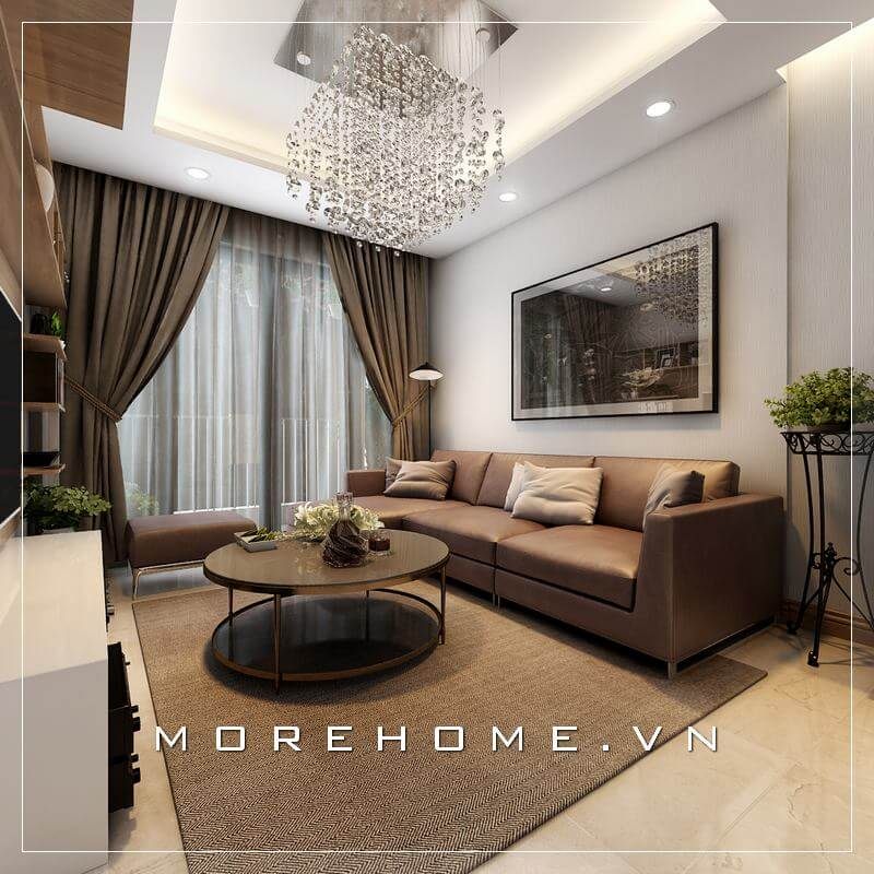 Lựa chọn tuyệt vời cho không gian phòng khách căn hộ với thiết kế sofa dạng góc hiện đại bọc da sắc nâu độc đáo đầy ấn tượng.