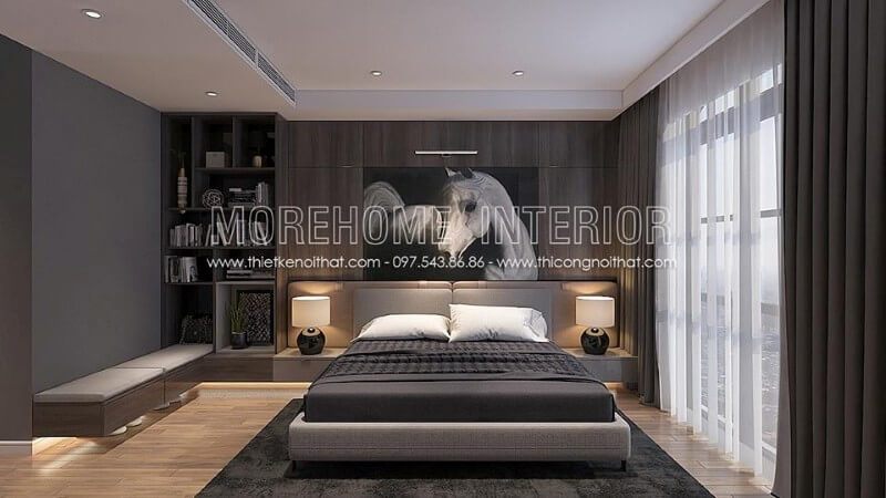 Trang trí nội thất giường ngủ chung cư hiện đại, đơn giản, phần chân giường được thiết kế thanh mảnh với chất liệu kim loại phun sơn cách điện tạo sự vững chãi hơn