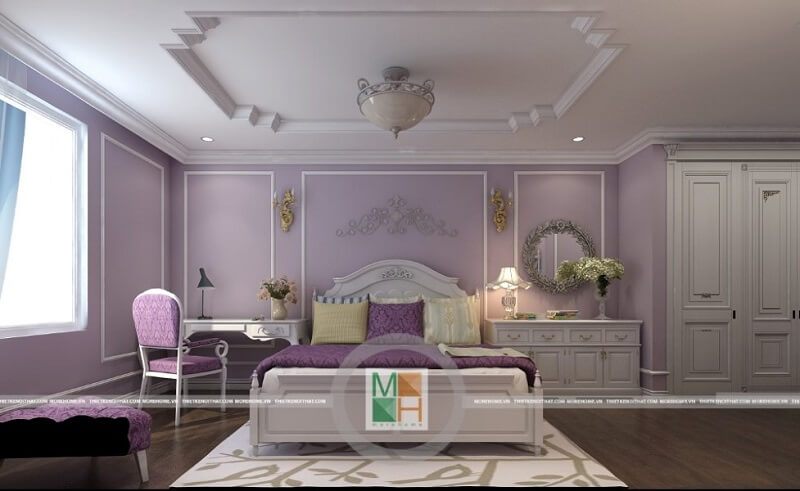 Thiết kế phòng ngủ chung cư Mandarin tân cổ điển với đồ nội thất được sắp xếp và bài trí hợp lý tạo độ mở cho căn phòng.